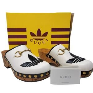 GUCCI Shoes ADIDAS X Trefoil Leather Horsebit Clog Mules Off White $1,250 Sz 35